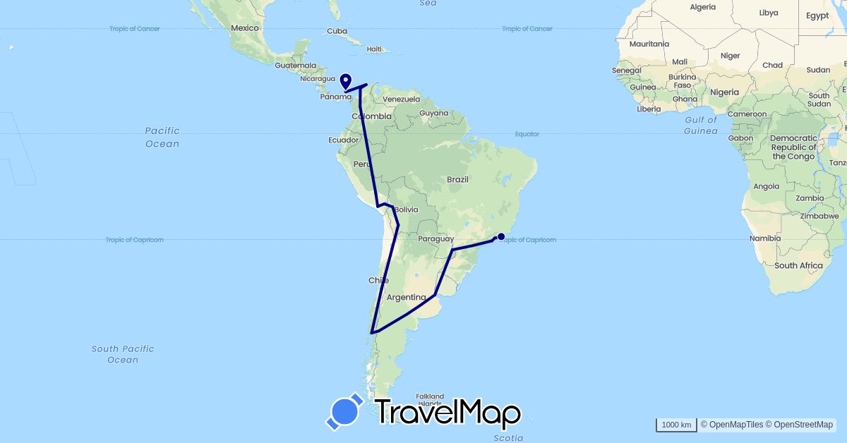 TravelMap itinerary: driving in Argentina, Bolivia, Brazil, Chile, Colombia, Panama, Peru (North America, South America)